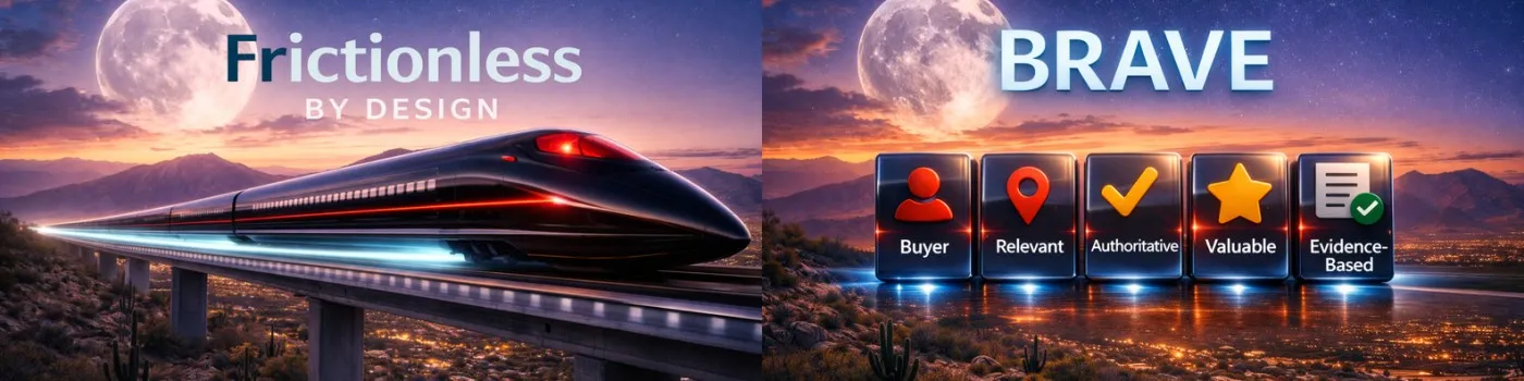 LinkedIn banner for Frictionless By Design and BRAVE: Buyer, Relevant, Authoritative, Valuable, Evidence-Based.