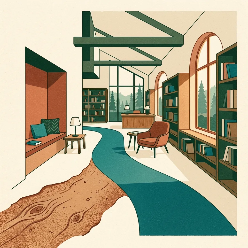 A calm reading-room visitor center with a path moving from clay-colored friction to teal clarity.